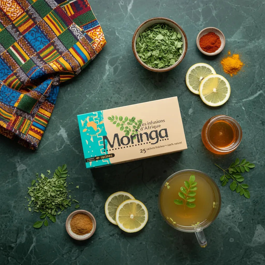 Infusion Moringa Afrique RACINES présentée avec citron, miel et feuilles séchées sur fond vert, idéale pour une pause bien-être naturelle.